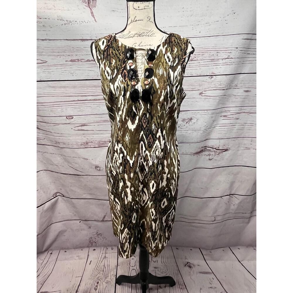 Connected Apparel‎ Black Green White Beaded Animal Print Sleeveless Dress